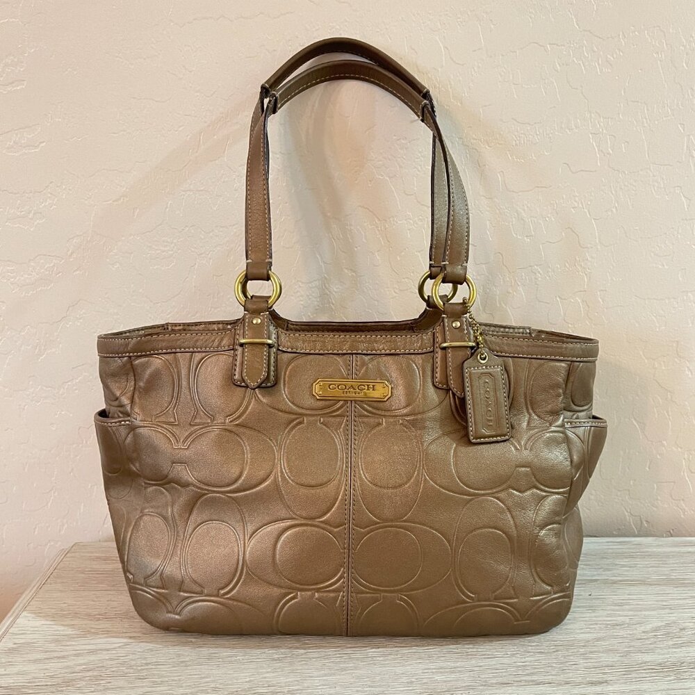 Vintage Coach Bag Tote F20742 Gallery Embossed Signature C Copper Bronze Leather